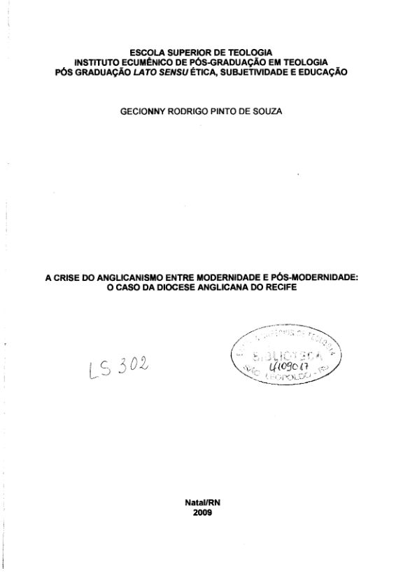 A Crise do Anglicanismo entre Modernidade e Pós-Modernidade: O Caso da Diocese Anglicana do Recife