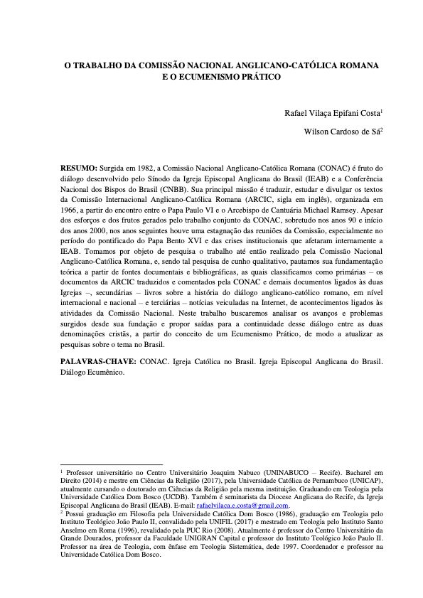 O Trabalho da Comissão Nacional Anglicano-Católica Romana e o Ecumenismo Prático
