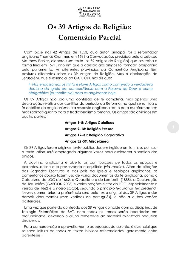 Os 39 Artigos de Religião: Comentário Parcial