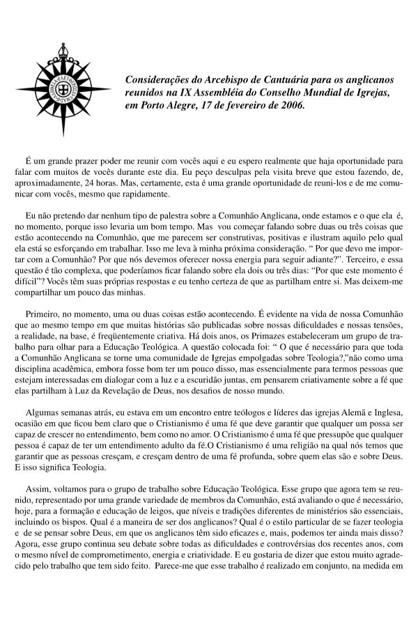 Considerações do Arcebispo de Cantuária para os anglicanos reunidos na IX Assembléia do Conselho Mundial de Igrejas, em Porto Alegre, 17 de fevereiro de 2006