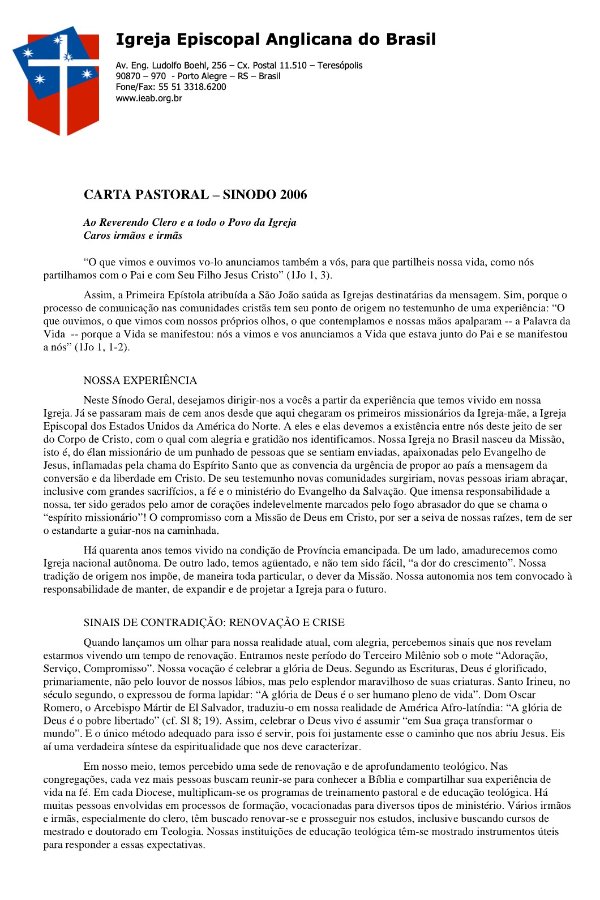 Carta Pastoral – Sínodo 2006