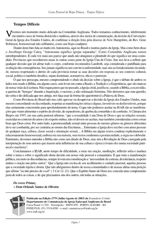 Carta Pastoral do Bispo Primaz - Tempos Difíceis
