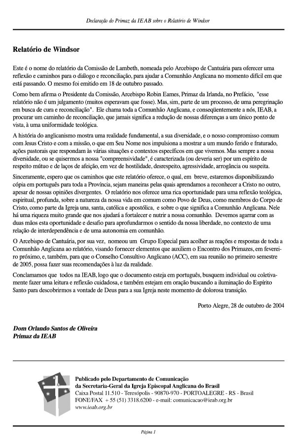 Declaração do Primaz da IEAB sobre o Relatório de Windsor