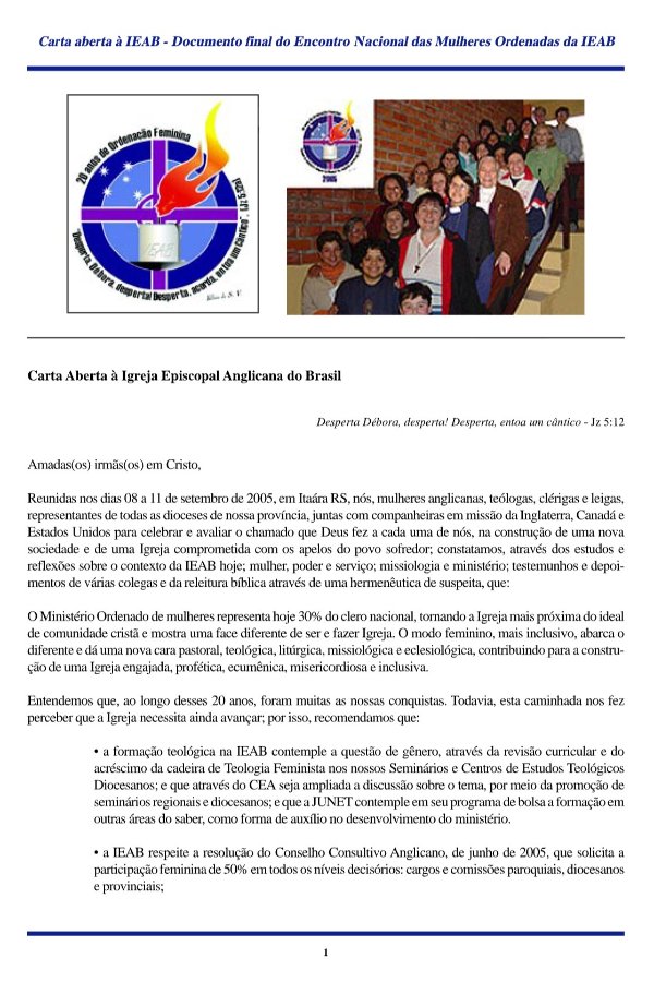 Carta Aberta à IEAB - Documento Final do Encontro Nacional das Mulheres Ordenadas da IEAB