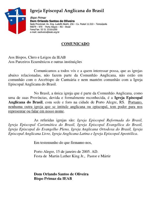 Comunicado sobre igrejas anglicanas - IEAB