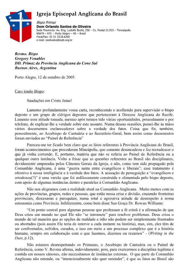Carta do Bispo Primaz Dom Orlando Santos de Oliveira ao Bispo Gregory Venables